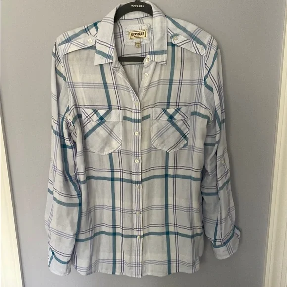 Express Teal and White Plaid Shirt - Picture 1 of 13